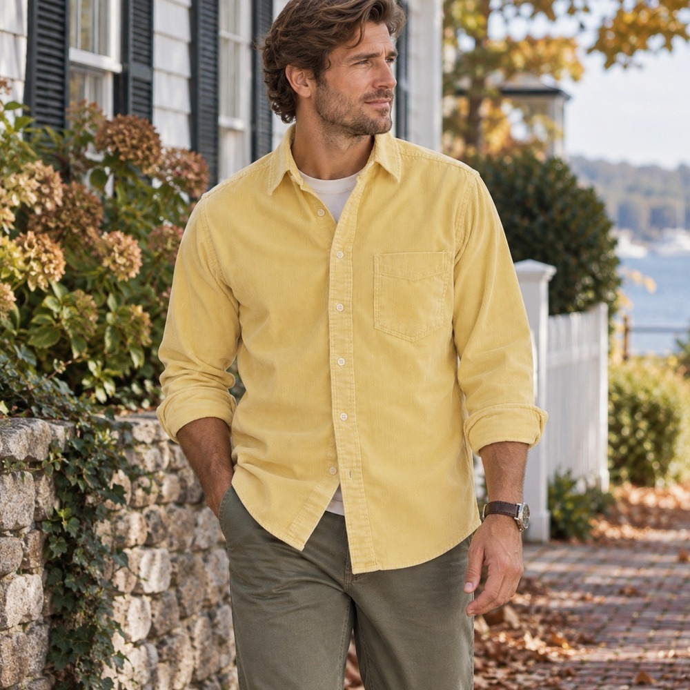 Vintage 90s J.Crew Oarsman Corduroy Shirt Yellow Cotton Button Up Men's Medium M